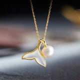 8mm Natural High Luster Pearl & Mother of Pearl Handmade 18K Gold Plated Vermeil Necklace, Dolphin Fin Necklace, Ocean Lover, Gift Idea - LaCorserArtJewelry