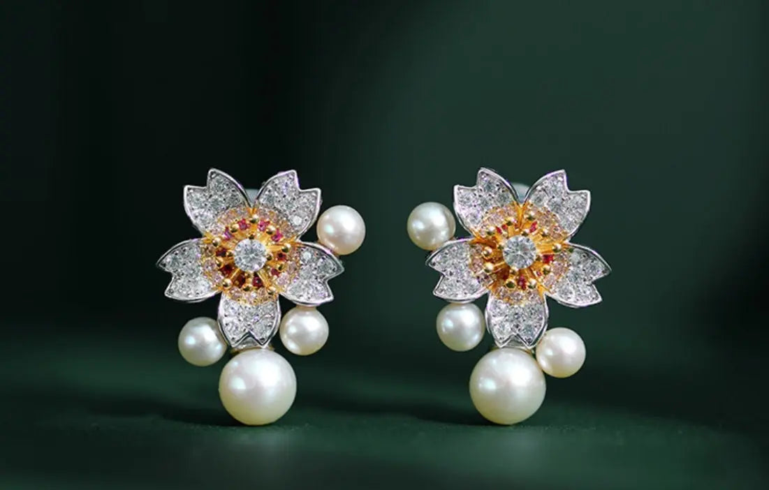 High Luster Akoya Pearl Earrings - Silver 925 Sakura Flower Design Etsy