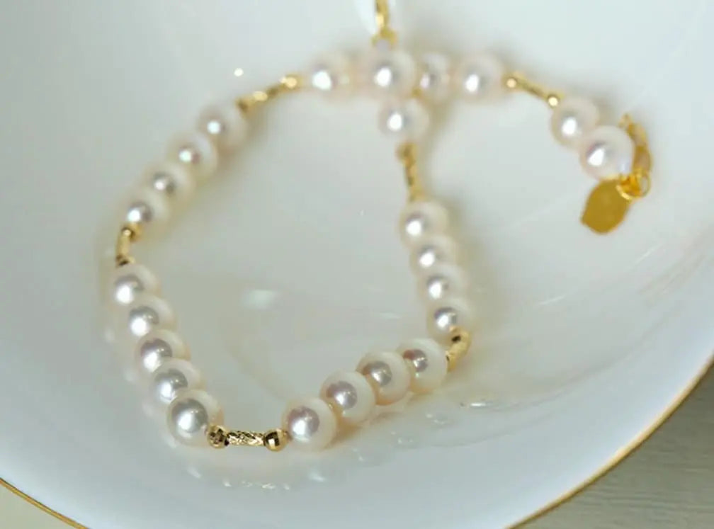 18K Yellow Gold Natural High Luster White Pearl Bracelets, Handmade Pearl Beaded Bracelets, Anniversary Gift Idea for Her Etsy