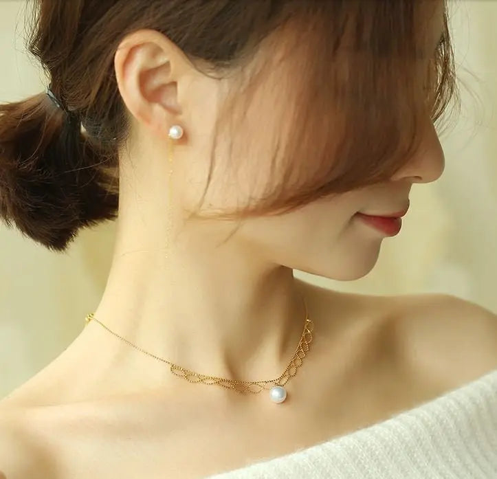 18K Yellow Gold 9mm Natural Akoya Pearl Lace Necklace, White Pink Pearl Lace Necklace, Gift for Her, Hollow Out Design Necklace, Gift Idea Etsy