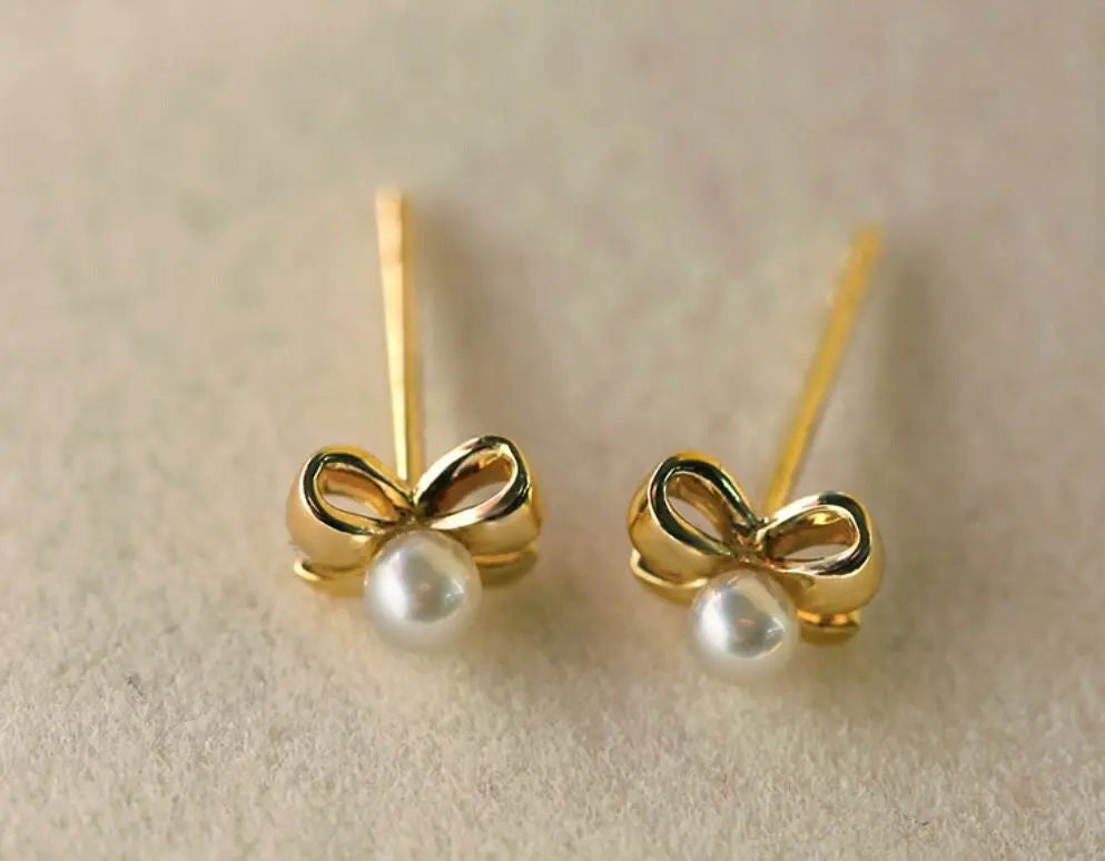 18K Yellow Gold Natural High Luster White Baby Pearl Earrings Handmade Pearl Earrings, Freshwater Pearl Bowknot Earrings, Gift Idea for Her Etsy