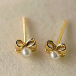 18K Yellow Gold Natural High Luster White Baby Pearl Earrings Handmade Pearl Earrings, Freshwater Pearl Bowknot Earrings, Gift Idea for Her Etsy