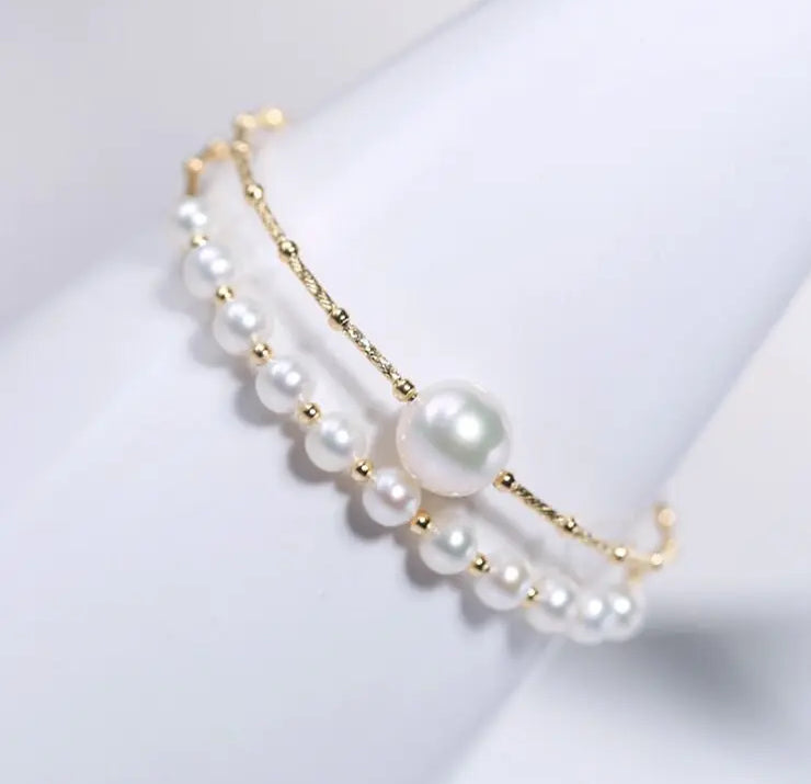 4.5-10mm Natural High Luster White Pearl Handmade 18k  Yellow Gold Beaded Pearl Bracelets, Rose Pink Pearl Bracelets, Gift Idea Etsy