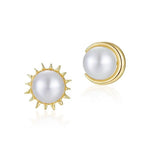 Moon and Sun High Luster Pearl with White Diamonds Handmade 14k Yellow Solid Gold Earring, Gift for Her, Anniversary Gift, Fine Jewelry Etsy
