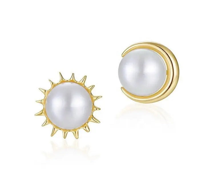 Moon and Sun High Luster Pearl with White Diamonds Handmade 14k Yellow Solid Gold Earring, Gift for Her, Anniversary Gift, Fine Jewelry Etsy