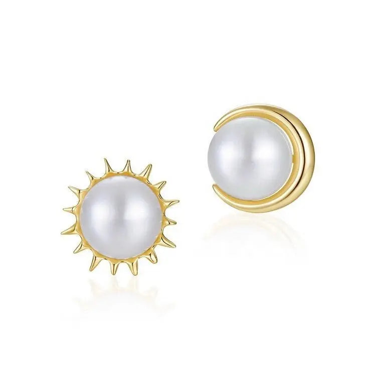 Moon and Sun High Luster Pearl with White Diamonds Handmade 14k Yellow Solid Gold Earring, Gift for Her, Anniversary Gift, Fine Jewelry Etsy
