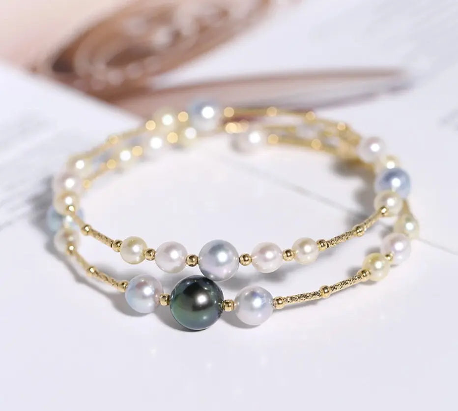 AAA+ 9mm Tahitian Peacock Green Pearl Strand Bangles - 18K Yellow Gold Etsy