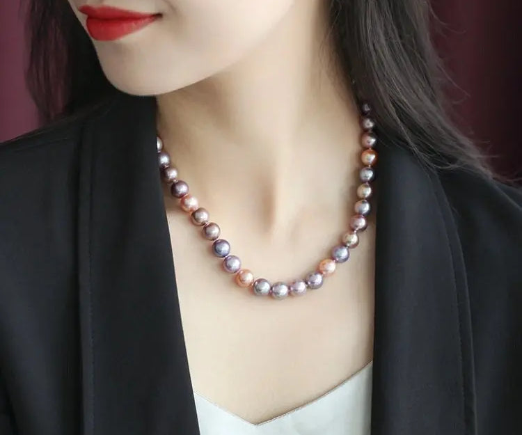 5A+ 10mm High Luster Colorful Pearl Handmade 14k Solid Yellow Gold Beaded Pearl Necklace, Freshwater Purple Pearl, Pink Pearl, Gift Idea Etsy