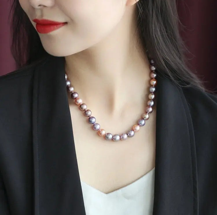 5A+ 10mm High Luster Colorful Pearl Handmade 14k Solid Yellow Gold Beaded Pearl Necklace, Freshwater Purple Pearl, Pink Pearl, Gift Idea Etsy