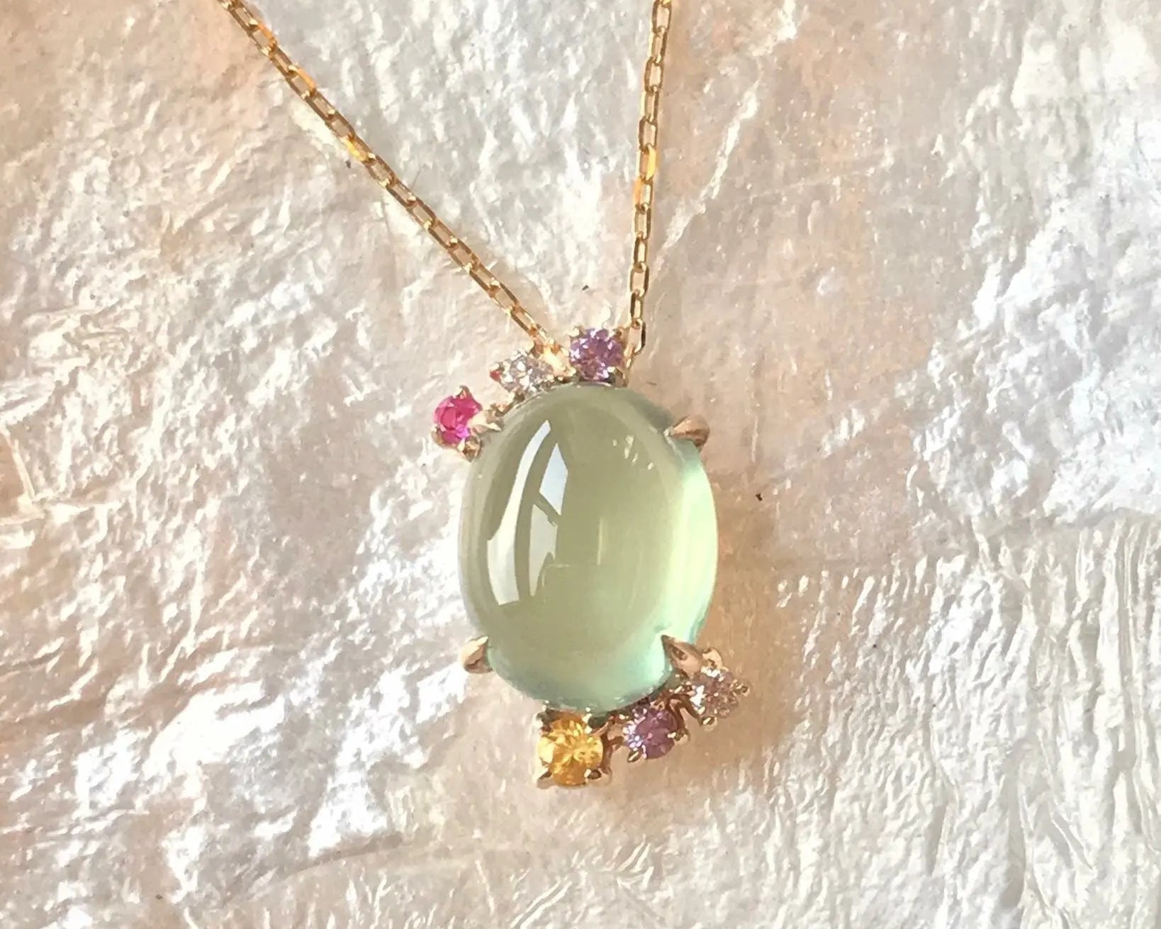 Natural Prehnite Necklace, Handmade 18k Solid Yellow Gold Necklace, Purple Sapphire, Yellow Sapphire, Pink Sapphire, Anniversary Gift Idea Etsy