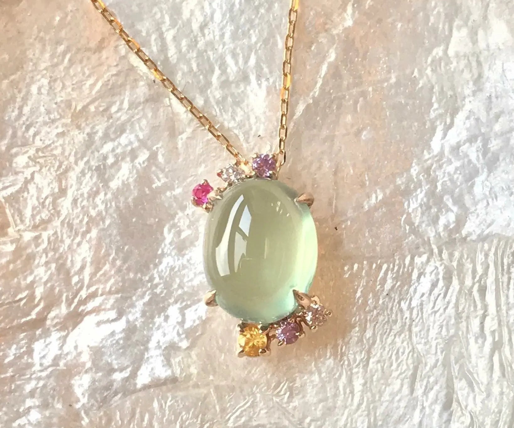Natural Prehnite Necklace, Handmade 18k Solid Yellow Gold Necklace, Purple Sapphire, Yellow Sapphire, Pink Sapphire, Anniversary Gift Idea Etsy