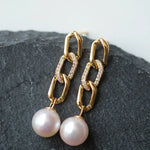 Freshwater White Pearl Earrings & Golden Chain With Diamonds 18K Solid Yellow Gold Earrings, Chunky Gold Earrings Etsy