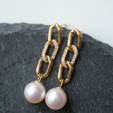 Freshwater White Pearl Earrings & Golden Chain With Diamonds 18K Solid Yellow Gold Earrings, Chunky Gold Earrings Etsy