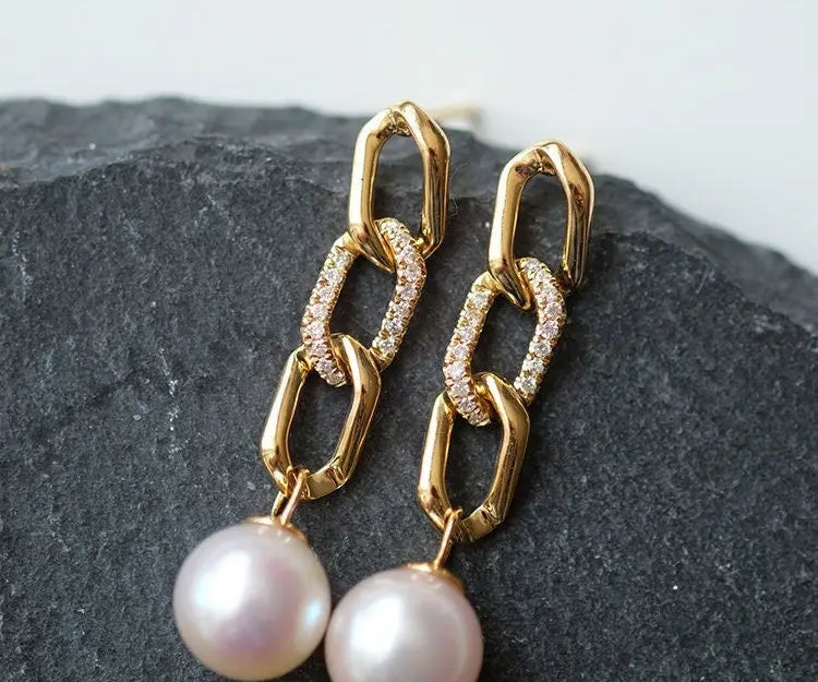Freshwater White Pearl Earrings & Golden Chain With Diamonds 18K Solid Yellow Gold Earrings, Chunky Gold Earrings Etsy