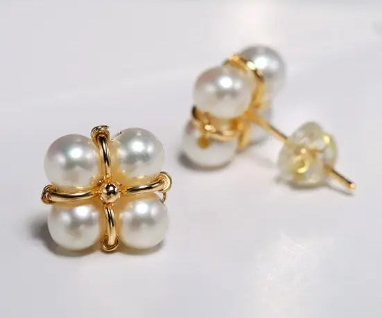 Four Natural High Luster White Pearl Earrings Handmade 14k Yellow Gold Filled White Beaded Pearl Stud Earrings, Gift Idea, Anniversary Idea Etsy