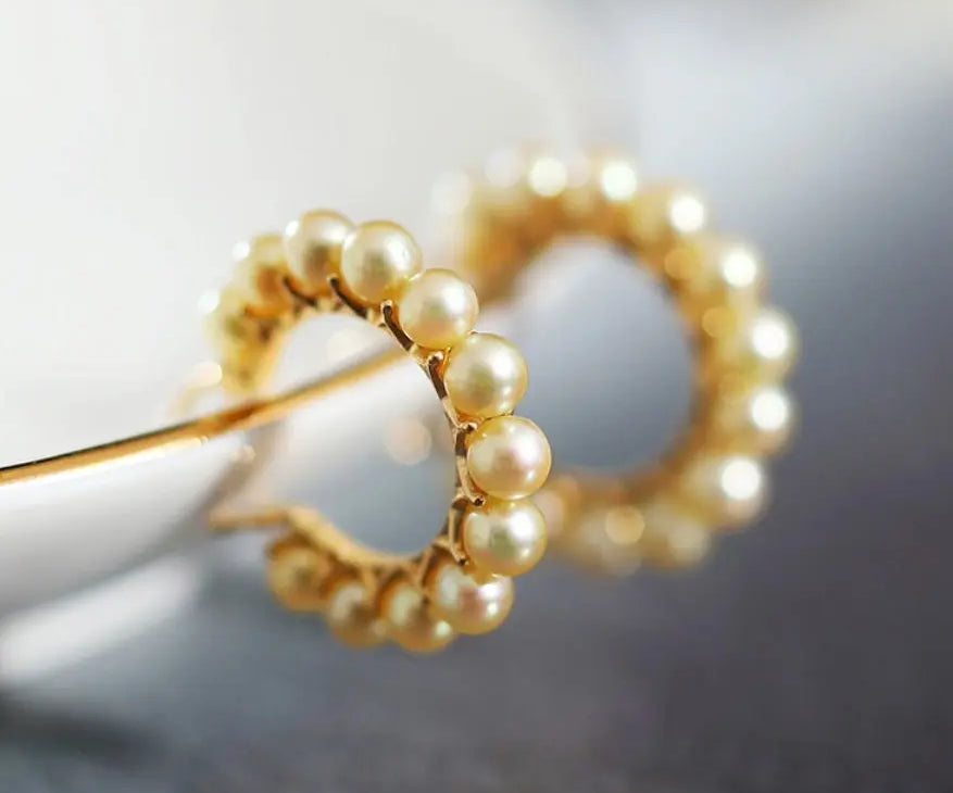 5A+ Natural Akoya Golden Pearl Earrings 18k Solid Yellow Gold Golden Beaded Pearl Hoop Handmade Earrings, Gift Idea, Anniversary Idea - LaCorserArtJewelry