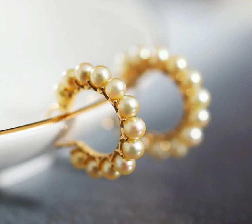 5A+ Natural Akoya Golden Pearl Earrings 18k Solid Yellow Gold Golden Beaded Pearl Hoop Handmade Earrings, Gift Idea, Anniversary Idea - LaCorserArtJewelry