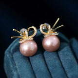 12-13mm Natural High Luster Pink Purple Pearl Earrings 18K Gold Plated Vermeil Bowknot Earrings, Edison Pearl Earrings Etsy