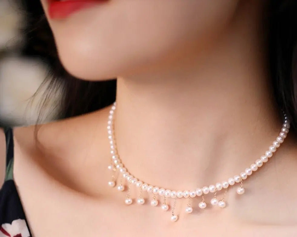 4-5mm Natural High Luster White Pearl Handmade 14K Yellow Gold Filled Beaded Pearl Drop Necklace, Freshwater Pearl Choker, Anniversary Gift - LaCorserArtJewelry