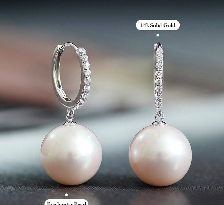 13-14mm Natural High Luster White Pearl Earrings 18K White Gold Freshwater White Pearl Earrings Etsy