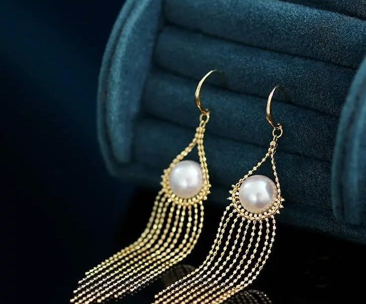8mm Natural High Luster White Pearl Earrings Handmade 18k Solid Yellow Gold White Pearl Tassel Earrings, Gift Idea, Anniversary Idea Etsy