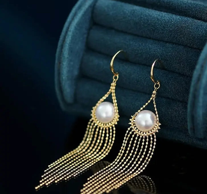 8mm Natural High Luster White Pearl Earrings Handmade 18k Solid Yellow Gold White Pearl Tassel Earrings, Gift Idea, Anniversary Idea Etsy