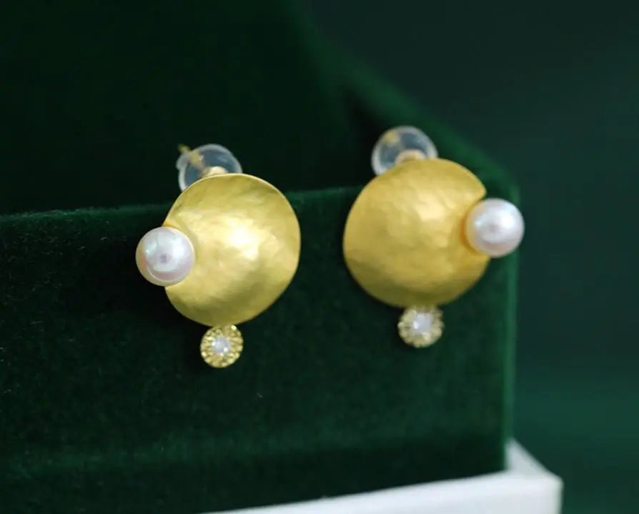 5A+ High Luster 5mm White Pink Pearl & Natural Diamond Earrings Handmade 18k Solid Yellow Gold Disc Earrings, Anniversary Gift Idea Etsy