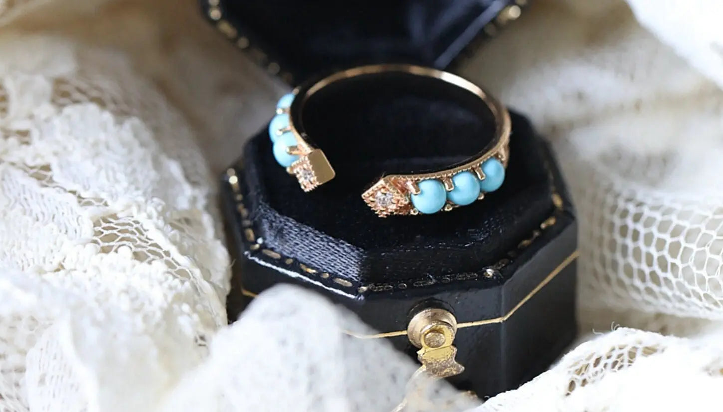 Natural Turquoise Cabochen & White Diamond Ring Handmade 18K Solid Yellow Gold Open Ring, Carved Ring, Anniversary Gift Idea, Retro Jewelry - LaCorserArtJewelry