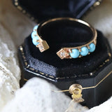 Natural Turquoise Cabochen & White Diamond Ring Handmade 18K Solid Yellow Gold Open Ring, Carved Ring, Anniversary Gift Idea, Retro Jewelry - LaCorserArtJewelry