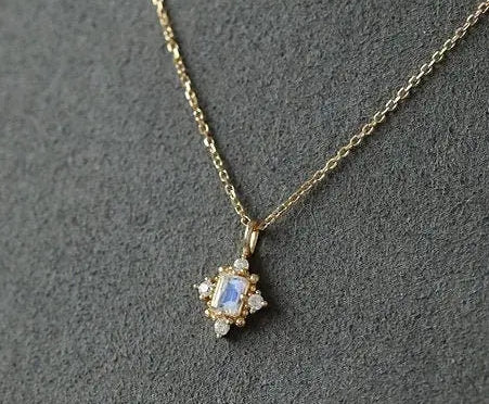 Natural Moonstone & White Diamond Handmade 18k Solid Yellow Gold Moonstone Necklace, Gift for Her, Anniversary Gift Idea, Retro Fine Jewelry Etsy