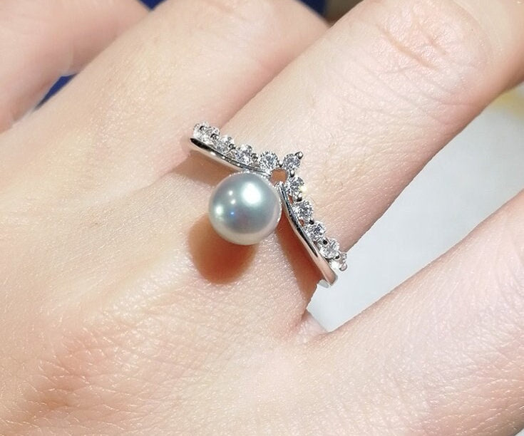 Natural Seawater Pearl Akoya Pearl Handmade 14K Solid White Gold Akoya Pearl Ring, Silver Pearl Ring, Gift Idea, Crown Ring, Cluster Ring Etsy