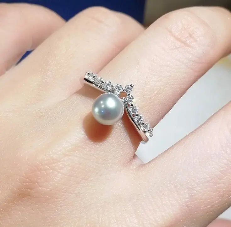 Akoya Pearl Cluster Ring - 14K White Gold Crown Ring Silver Pearl Etsy