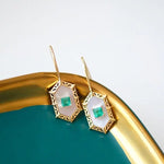 Princess Cut Emerald and Mother of Pearl Hexagon Carved18K Solid Yellow Gold Earrings, Vintage Jewelry, Gift for Her, Anniversary Gift - LaCorserArtJewelry