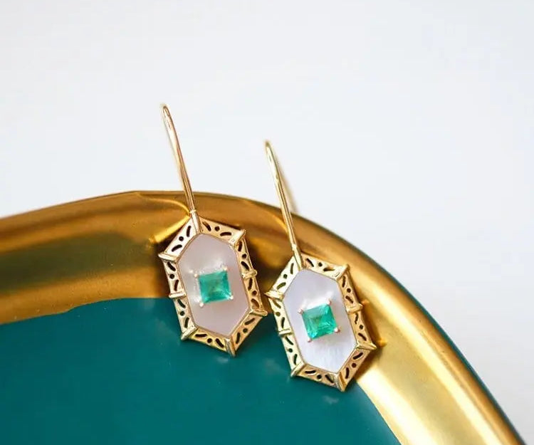 Princess Cut Emerald and Mother of Pearl Hexagon Carved18K Solid Yellow Gold Earrings, Vintage Jewelry, Gift for Her, Anniversary Gift - LaCorserArtJewelry