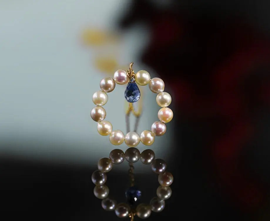 Natural Blue Sapphire Pear Rose Cut & Seawater Akoya Pearl 18k Solid Yellow Gold Sapphire Beaded Necklace - LaCorserArtJewelry