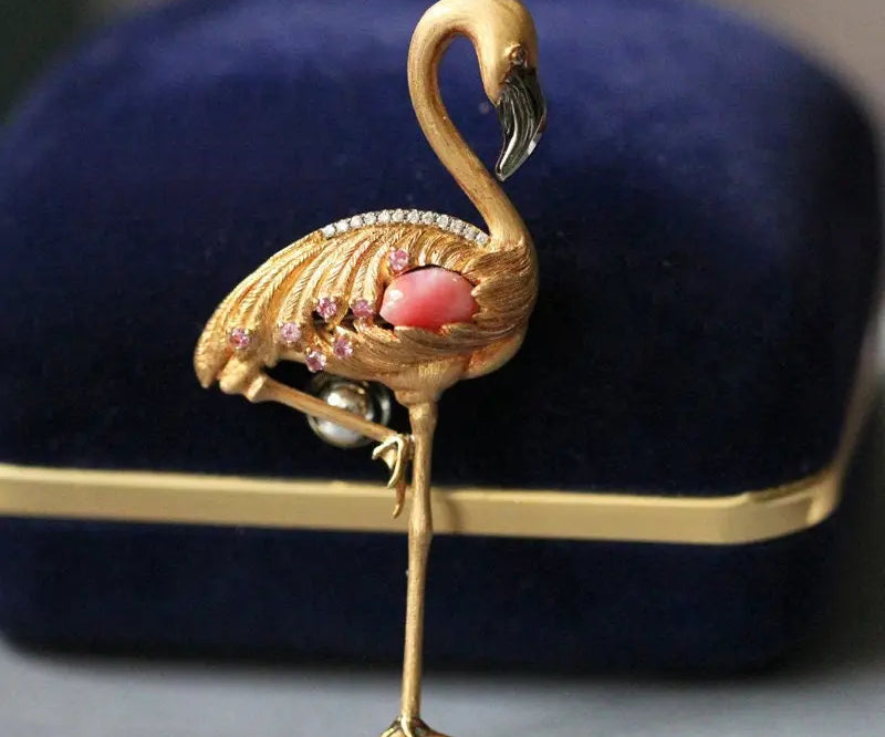 Crane Queen Conch Pearl & Pink Sapphire White Diamond 18k Solid Yellow Gold Brooch, Natural Queen Conch Pearl, Fine Jewelry Etsy