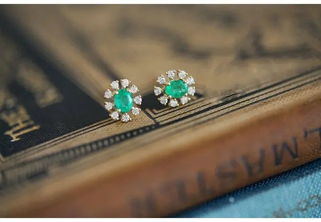Emerald with Diamond 14k Yellow Solid Gold Earrings, Gift for Her, Anniversary Gift, Fine Jewelry, Gift Idea - LaCorserArtJewelry