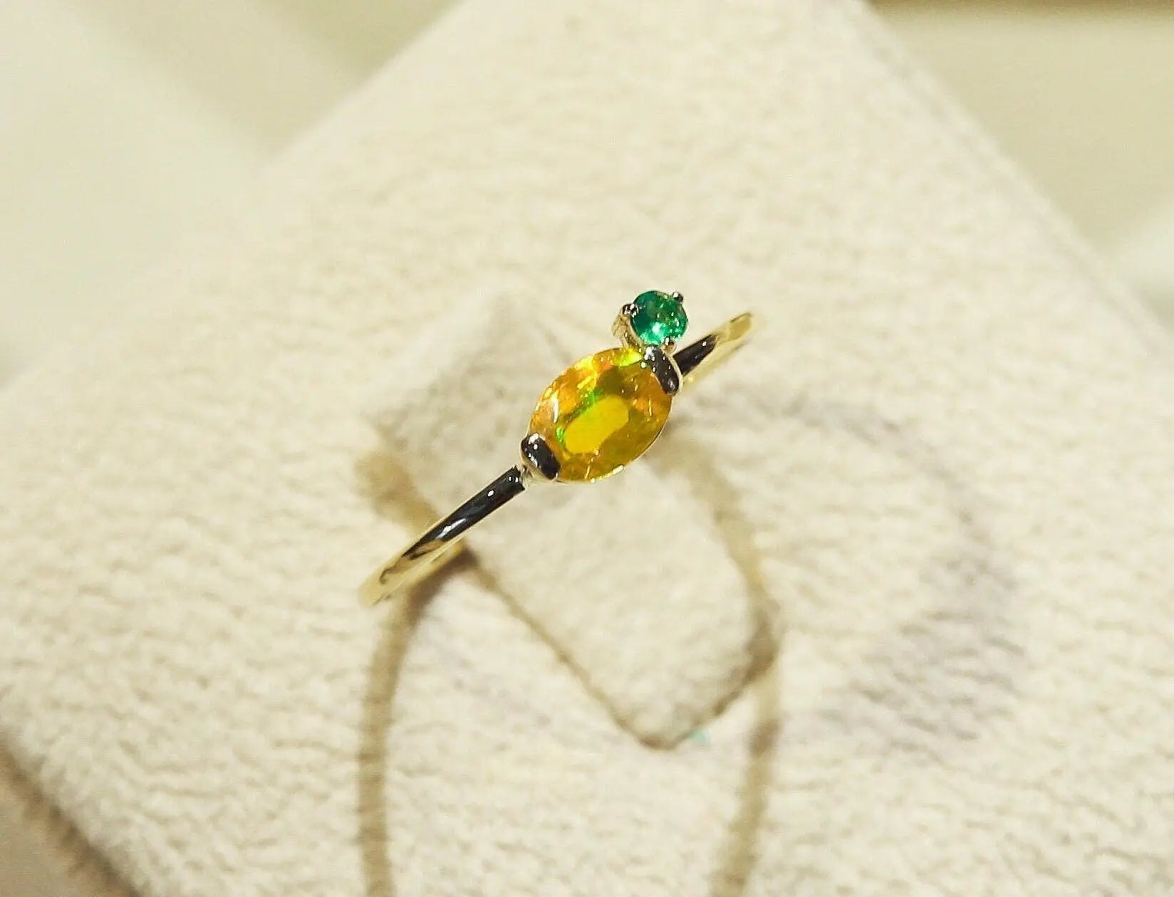 Genuine Fire Opal Emerald Horizontal Stone Ring 14K Solid Yellow Gold Ring, Minimalist Orange Opal Ring - LaCorserArtJewelry