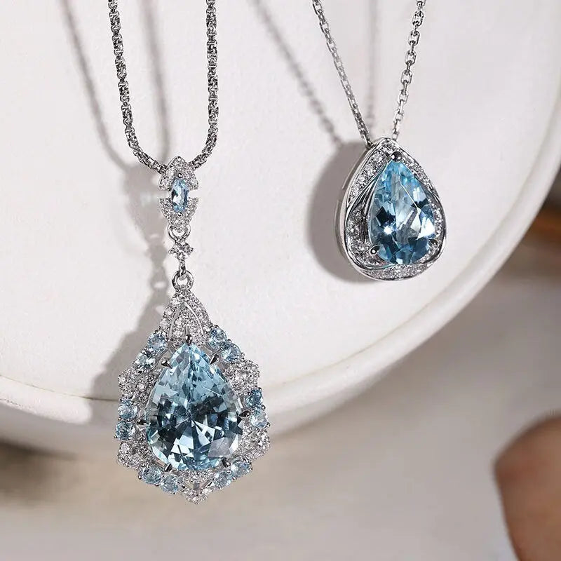 Cluster Natural Aquamarine Diamond Necklace, Platinum 950 Necklace, Unique Design Aquamarine Teardrop Necklace, Wedding Necklace - LaCorserArtJewelry