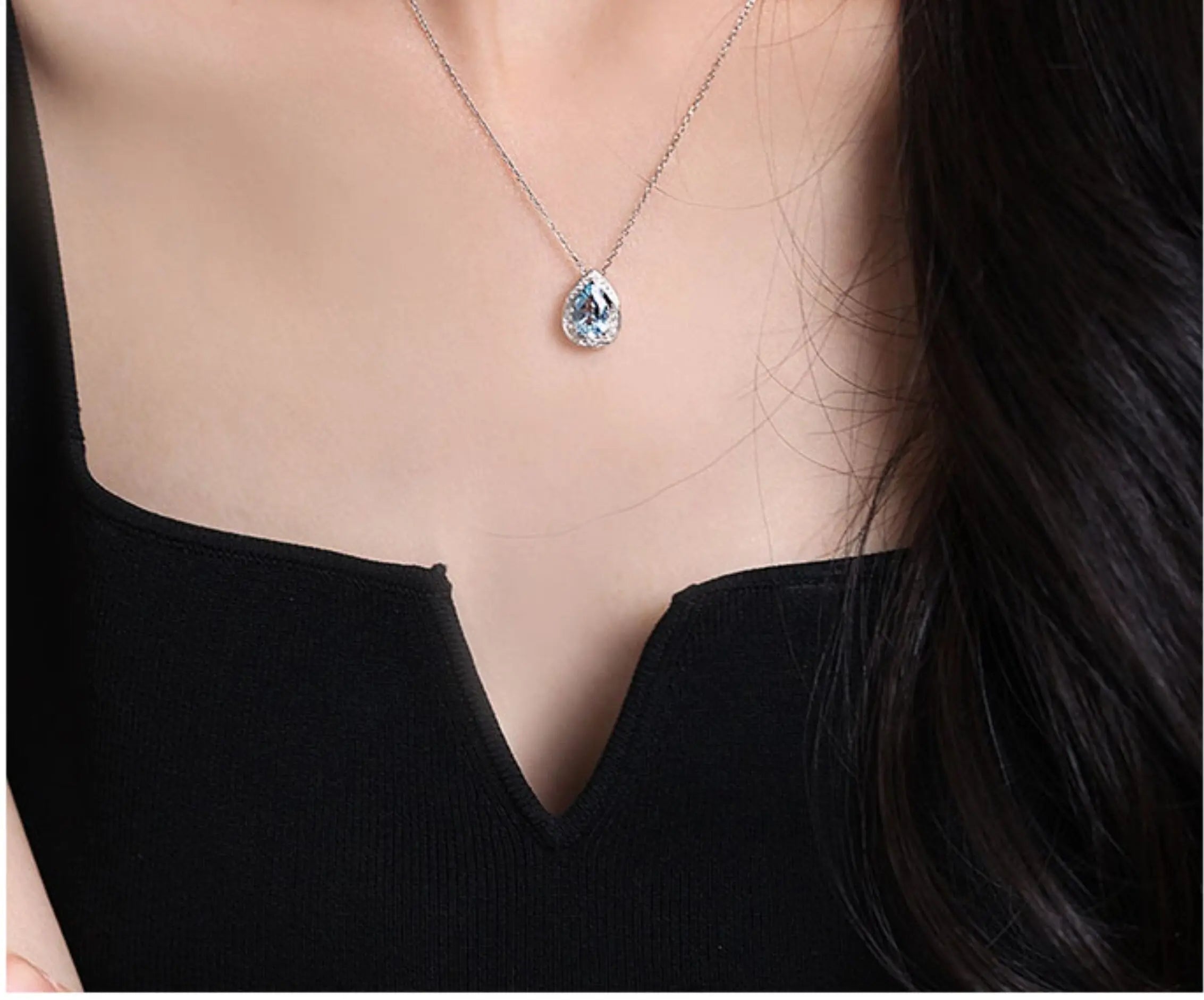 Cluster Natural Aquamarine Diamond Necklace, Platinum 950 Necklace, Unique Design Aquamarine Teardrop Necklace, Wedding Necklace - LaCorserArtJewelry