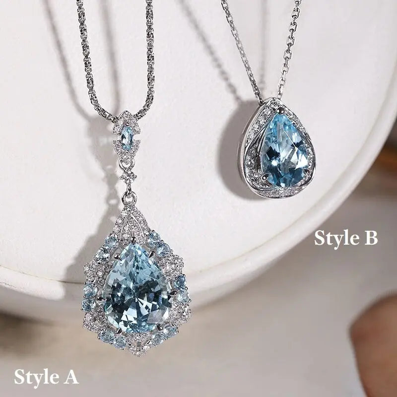 Cluster Natural Aquamarine Diamond Necklace, Platinum 950 Necklace, Unique Design Aquamarine Teardrop Necklace, Wedding Necklace - LaCorserArtJewelry