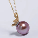 12mm Pink Purple Tone Pearl & White Diamond Necklace, 18k Solid Yellow Gold Pearl Necklace, Best Pearl Jewerly Gift Idea for Mom Etsy