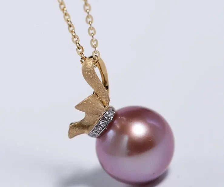 12mm Pink Purple Tone Pearl & White Diamond Necklace, 18k Solid Yellow Gold Pearl Necklace, Best Pearl Jewerly Gift Idea for Mom Etsy