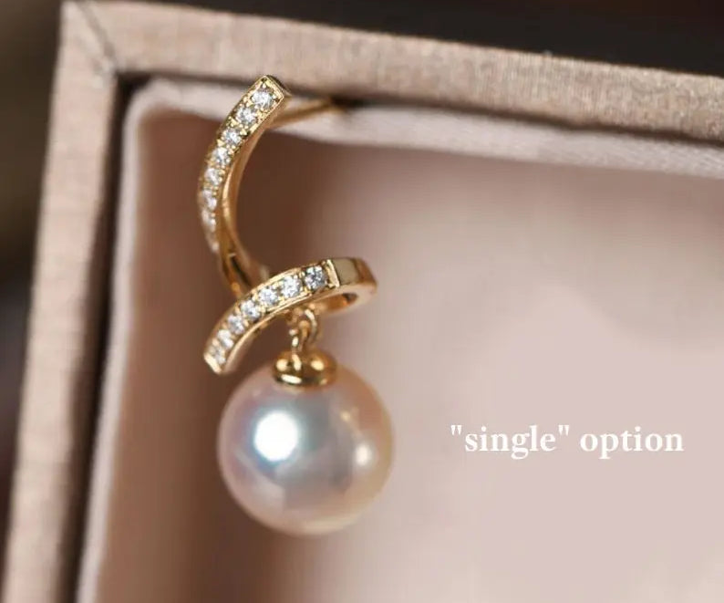 5A+ Japan Akoya Pearl Free Form Earrings, 18k Solid Yellow Gold Whirl Earrings, Natural White Diamonds Earrings, Christmas Gift Idea for GF Etsy