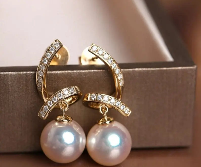 5A+ Japan Akoya Pearl Free Form Earrings, 18k Solid Yellow Gold Whirl Earrings, Natural White Diamonds Earrings, Christmas Gift Idea for GF Etsy