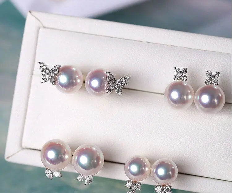 Natural Japan Akoya Pearl Butterfly Diamonds Earrings, Platinum 950 Earrings, Intense Luster White Pink Tone Pearl, Perfectly Round Pearls Etsy