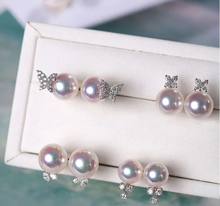 Natural Japan Akoya Pearl Butterfly Diamonds Earrings, Platinum 950 Earrings, Intense Luster White Pink Tone Pearl, Perfectly Round Pearls Etsy
