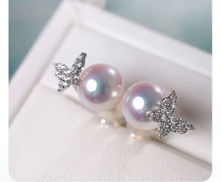Natural Japan Akoya Pearl Butterfly Diamonds Earrings, Platinum 950 Earrings, Intense Luster White Pink Tone Pearl, Perfectly Round Pearls Etsy
